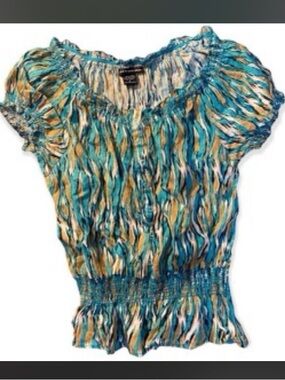 Saint Tropez West Women's Teal Multi-Color Smocked Waist Top! 💥